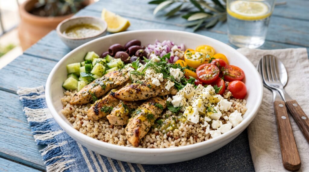 A vibrant, generous Greek chicken bowl in a wide white bowl