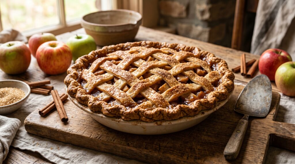 A magnificent classic apple pie on a wooden board