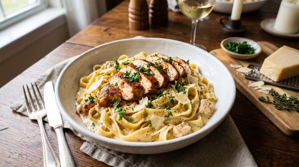 A magnificent classic Cajun chicken fettuccine Alfredo in a wide white bowl