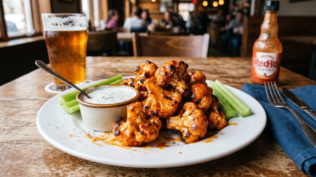 Bold, vibrant buffalo cauliflower wings on a white plate