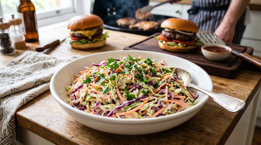 A beautiful, creamy classic coleslaw in a wide white bowl