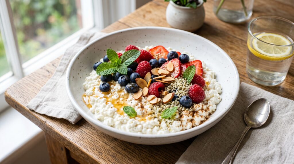 A beautiful, abundant cottage cheese bowl in a wide white bowl