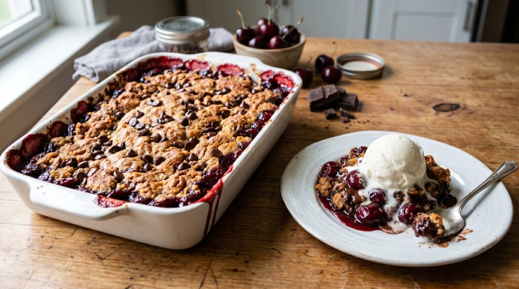 A gorgeous cherry chocolate dump cake in a white baking dish
