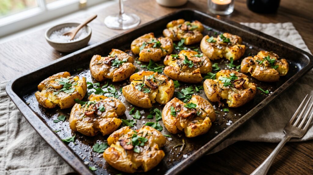 Perfect garlic butter smashed potatoes on a dark baking tray