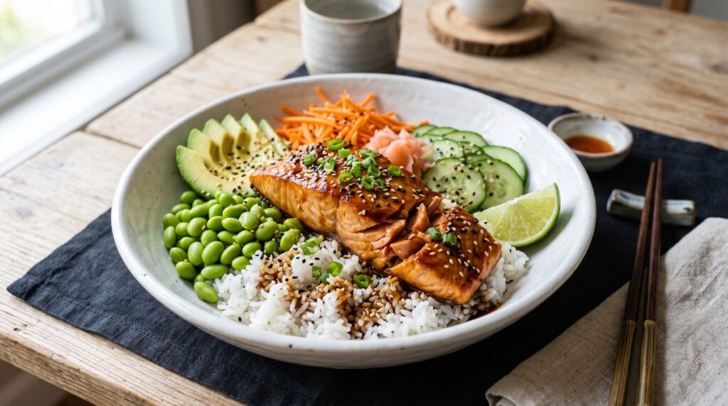 A magnificent teriyaki salmon bowl in a wide white bowl