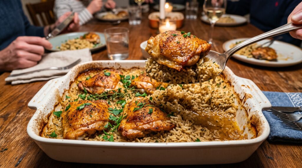  A golden, bubbling dump-and-bake chicken and rice in a large white ceramic baking dish