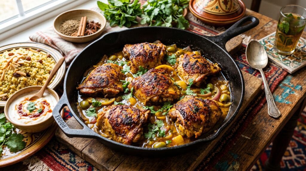 Golden, fragrant Moroccan spiced chicken thighs in a wide cast iron skillet