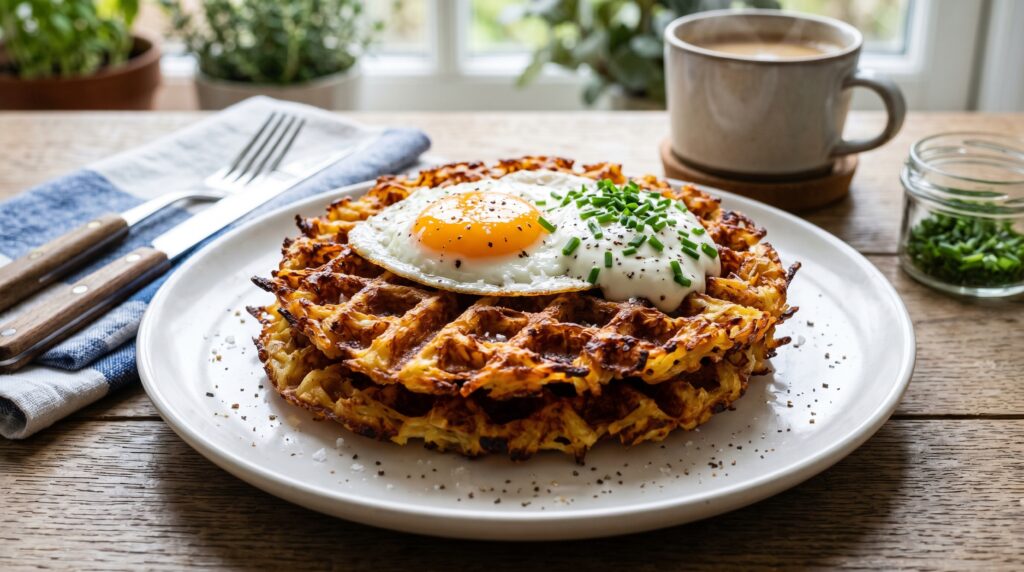 Perfectly golden, shatteringly crispy hash brown waffles on a white plate