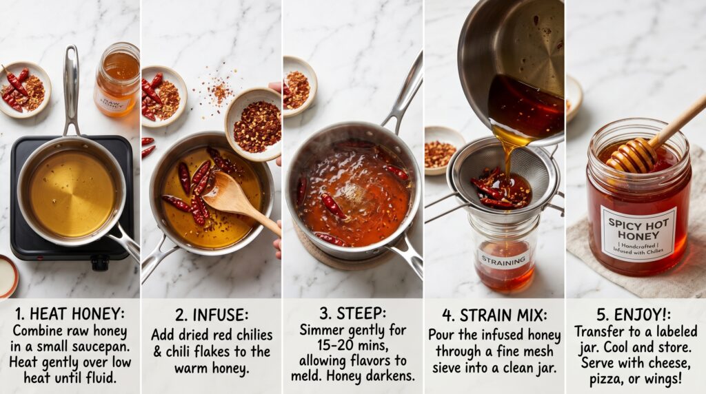 A step-by-step flat-lay on a white marble surface showing the hot honey making process