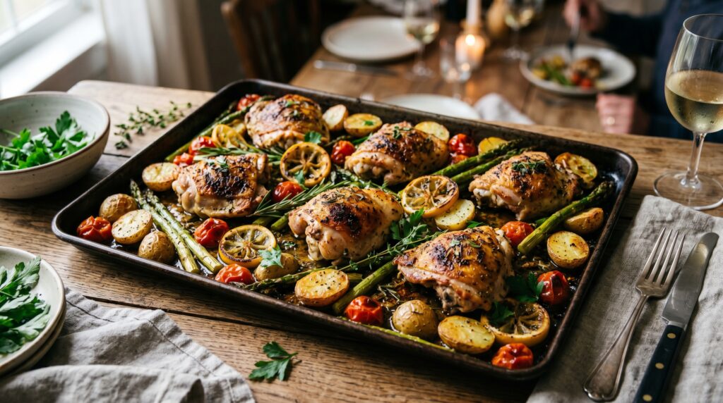 A magnificent sheet pan lemon herb chicken on a dark baking tray