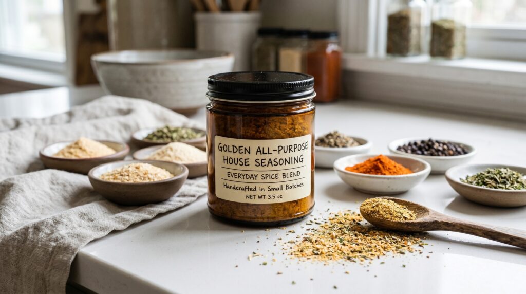 A small amber glass jar of golden all-purpose house seasoning with the label visible