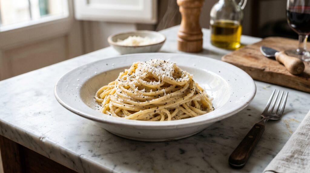 A perfect, elegant cacio e pepe in a wide white bowl