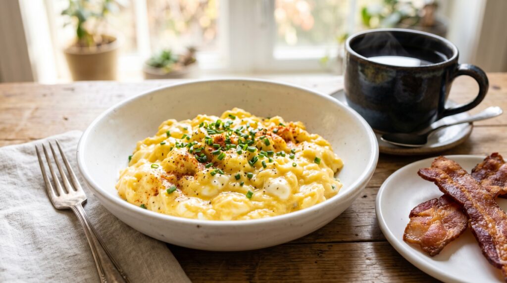 A plate of incredibly creamy, perfectly scrambled eggs with visible cream cheese pockets in a white bowl