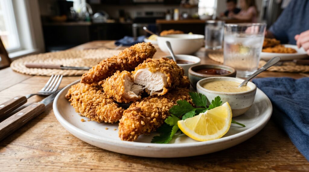 A generous plate of golden, perfectly crispy chicken tenders on a white plate