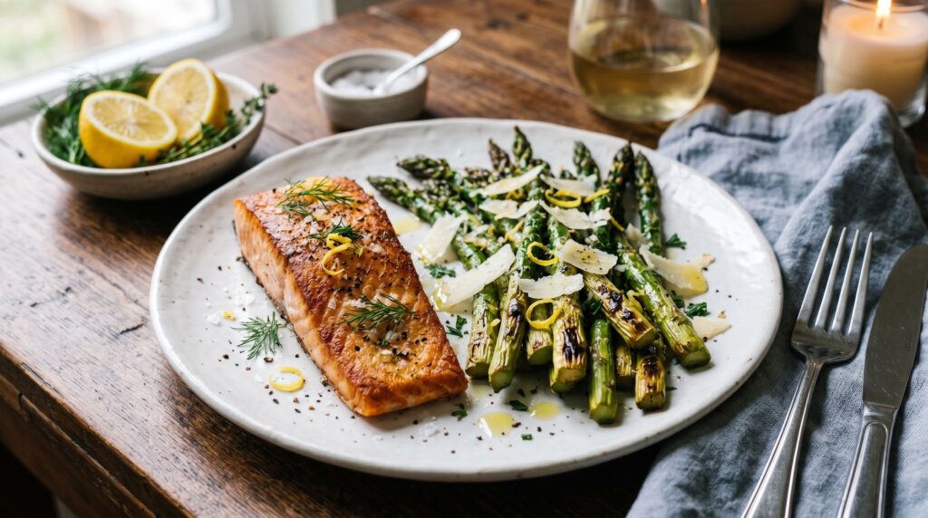 A beautiful serving of roasted asparagus on a white plate alongside a pan-seared salmon fillet