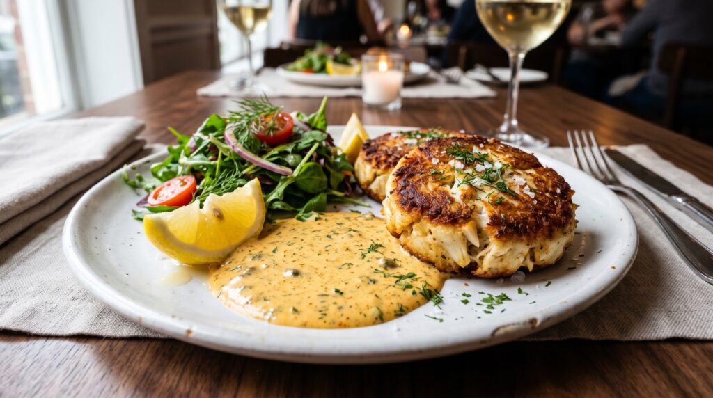 A perfect plate of golden crab cakes on a white plate