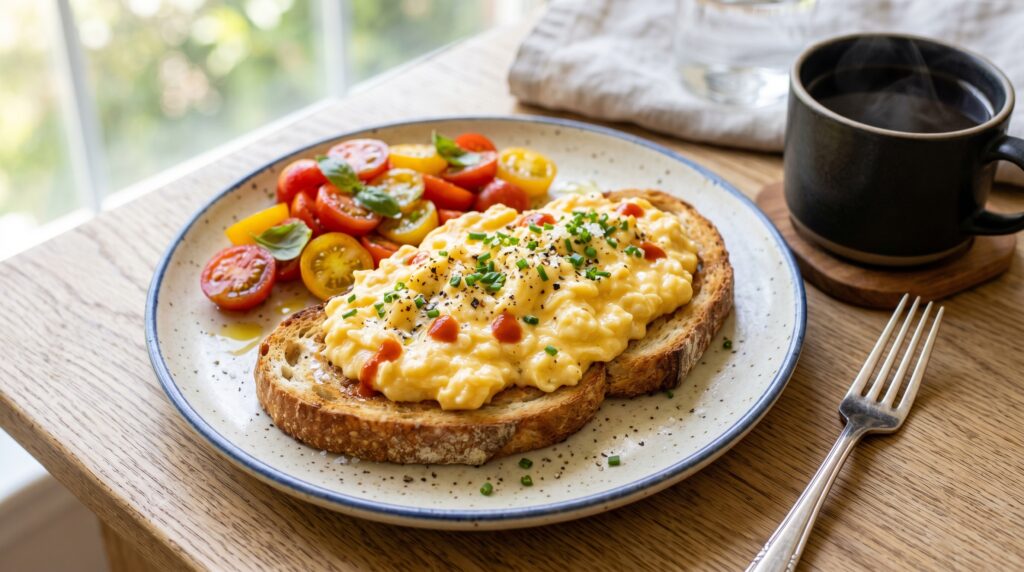 A plate of extraordinarily creamy, perfectly scrambled eggs on thick toasted sourdough
