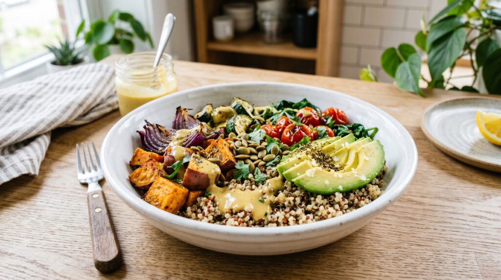 A vibrant, colorful quinoa and roasted vegetable bowl in a wide white ceramic bowl