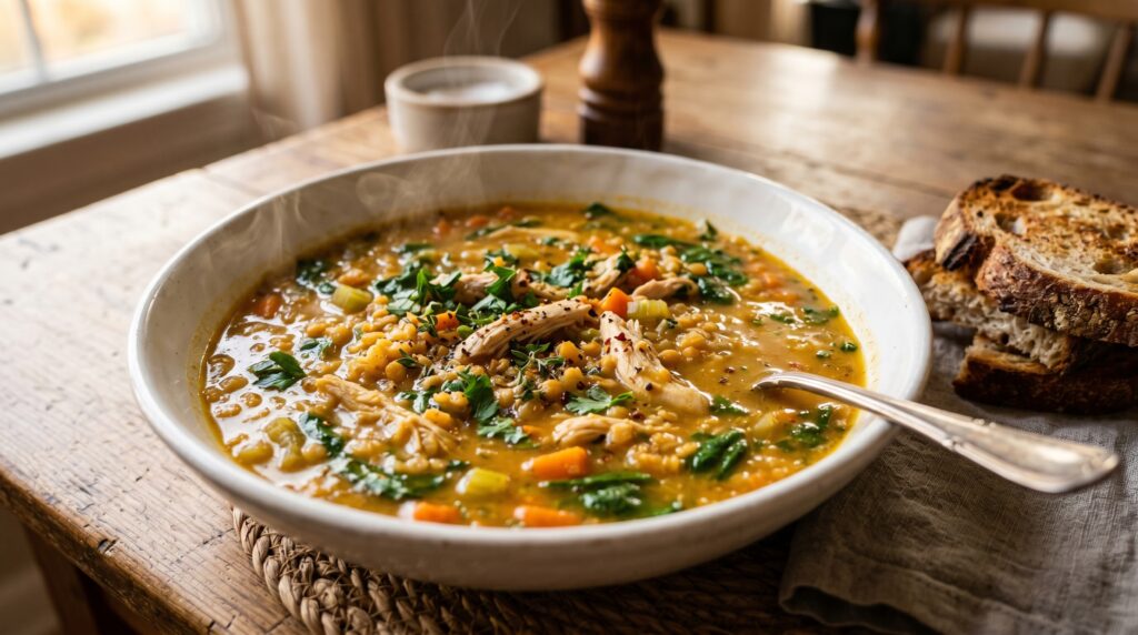 A hearty, deeply nourishing chicken and lentil soup in a wide white bowl