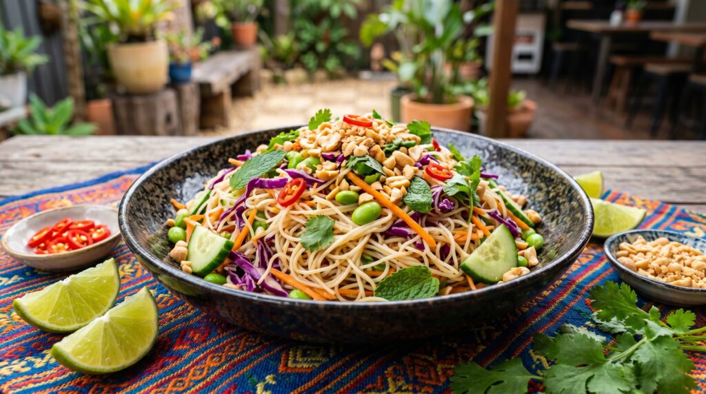 A vibrant, fresh Thai rice noodle salad in a wide dark bowl