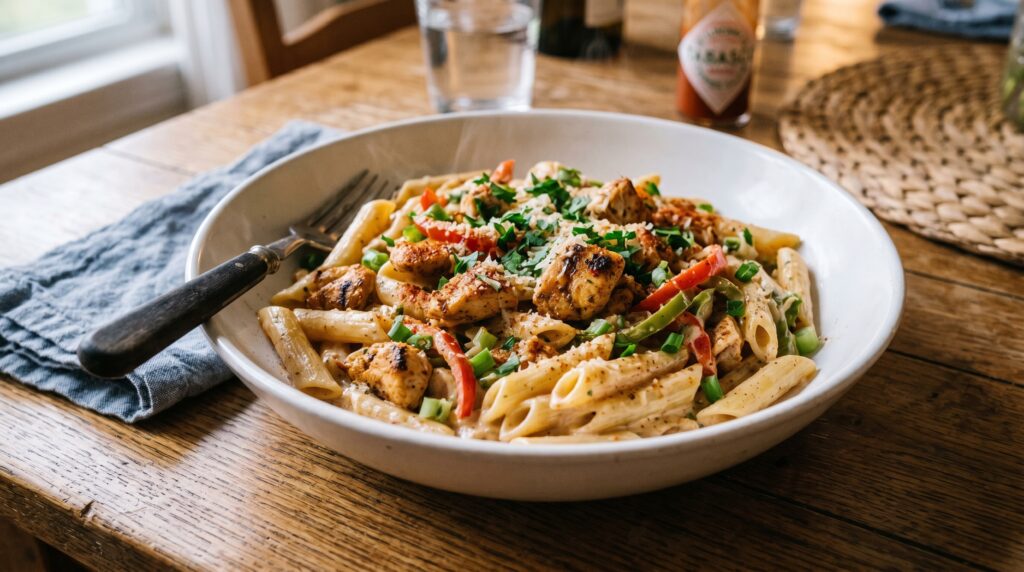 A vibrant, deeply colored creamy Cajun chicken and penne in a wide white bowl