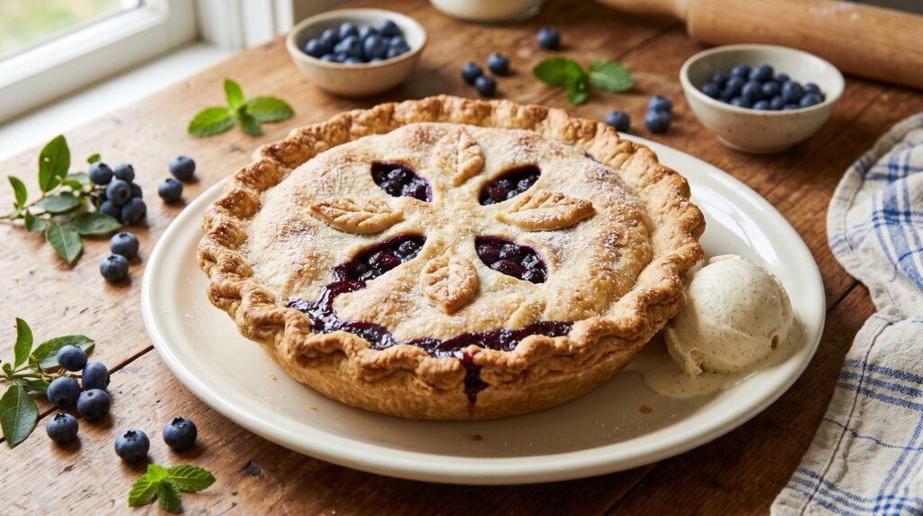 A gorgeous blueberry pie on a white plate