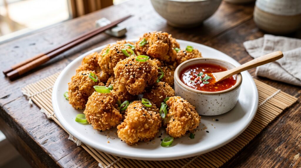 Golden, crispy cauliflower bites on a white plate