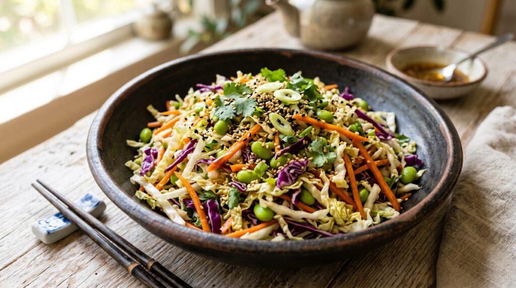 A vibrant, colorful Asian sesame cabbage slaw in a wide dark bowl