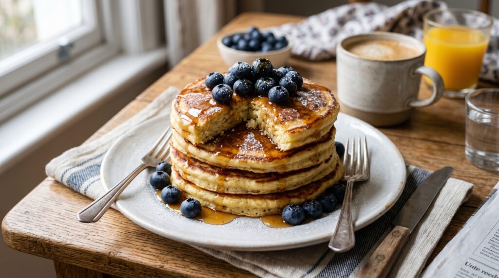 A golden, fluffy stack of cottage cheese pancakes on a white plate
