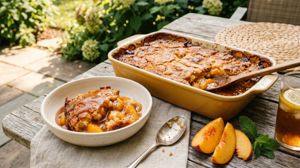A beautiful classic peach dump cake in a golden baking dish