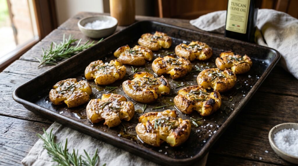 Beautiful rosemary and sea salt smashed potatoes on a dark baking tray
