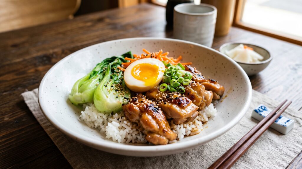 A beautiful miso chicken rice bowl in a wide white bowl