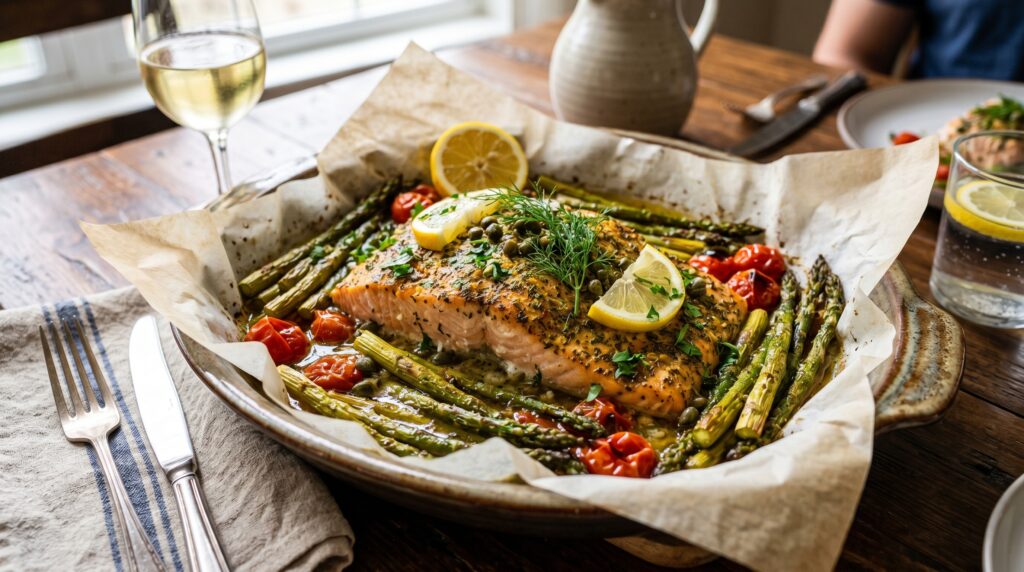 A beautiful dump-and-bake lemon herb salmon in a lined baking dish