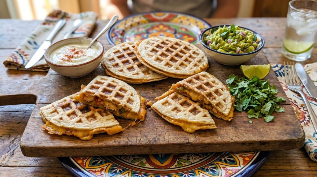 Golden, perfectly pressed waffle maker quesadillas on a wooden board,