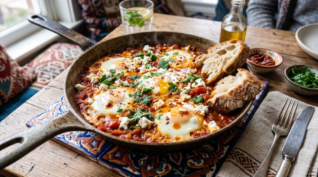 A dramatic, vibrant shakshuka in a wide cast iron skillet