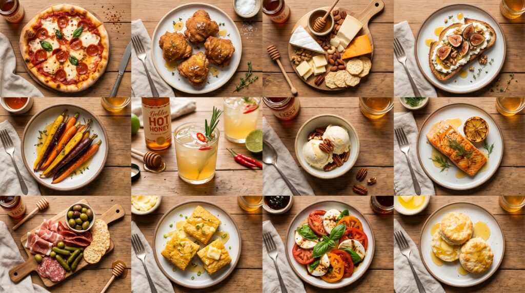 A beautiful multi-panel flat-lay showing 12 different hot honey applications
