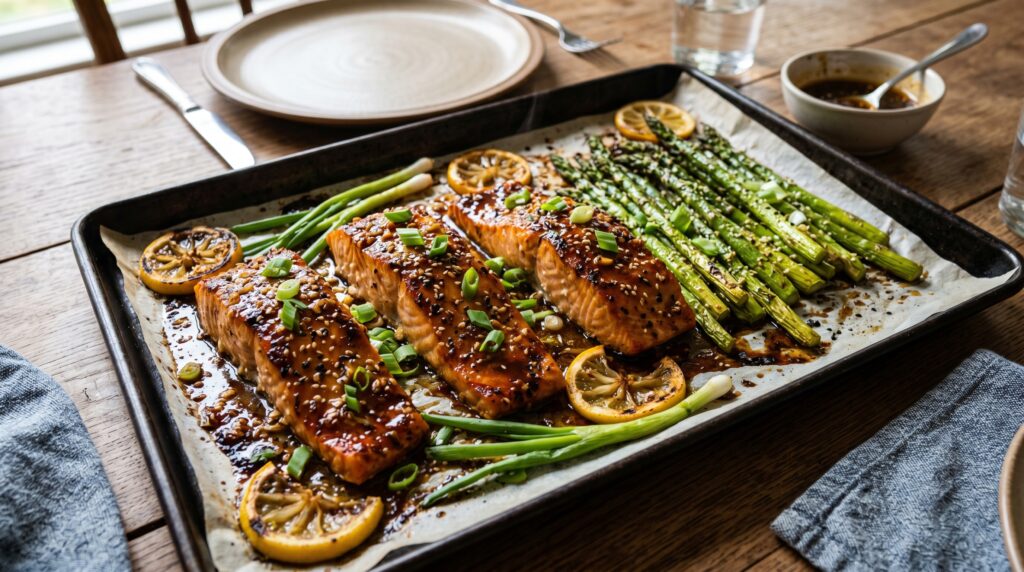 Beautiful sheet pan honey garlic salmon on a dark lined baking tray