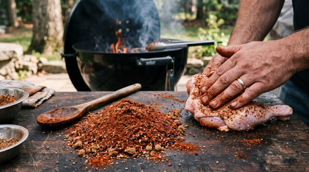 A generous mound of deep reddish-brown BBQ dry rub on a dark surface with a wooden spoon
