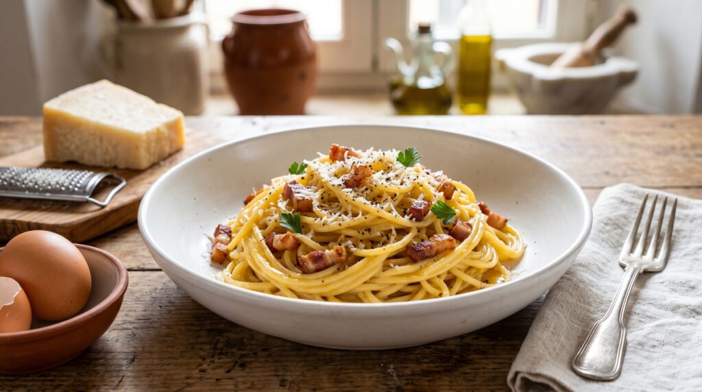 A perfect, luxurious spaghetti carbonara in a wide white bowl