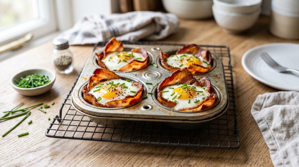 Four golden bacon and egg cups in a muffin tin on a wire rack