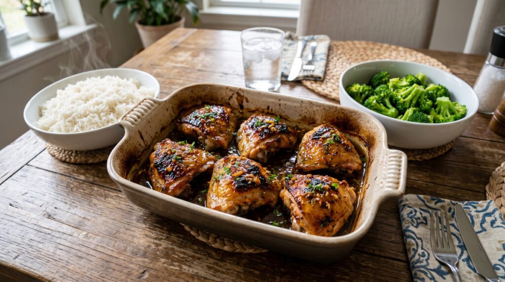 Golden, glossy honey garlic chicken thighs in a wide baking dish