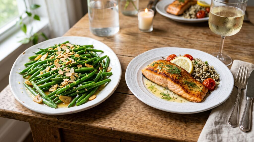 Vibrant garlic butter green beans on a white serving plate
