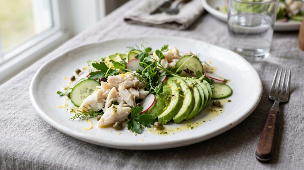 An elegant, beautiful crab and avocado salad on a wide white plate