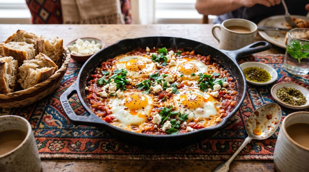 A dramatic, vibrant shakshuka in a wide cast iron skillet