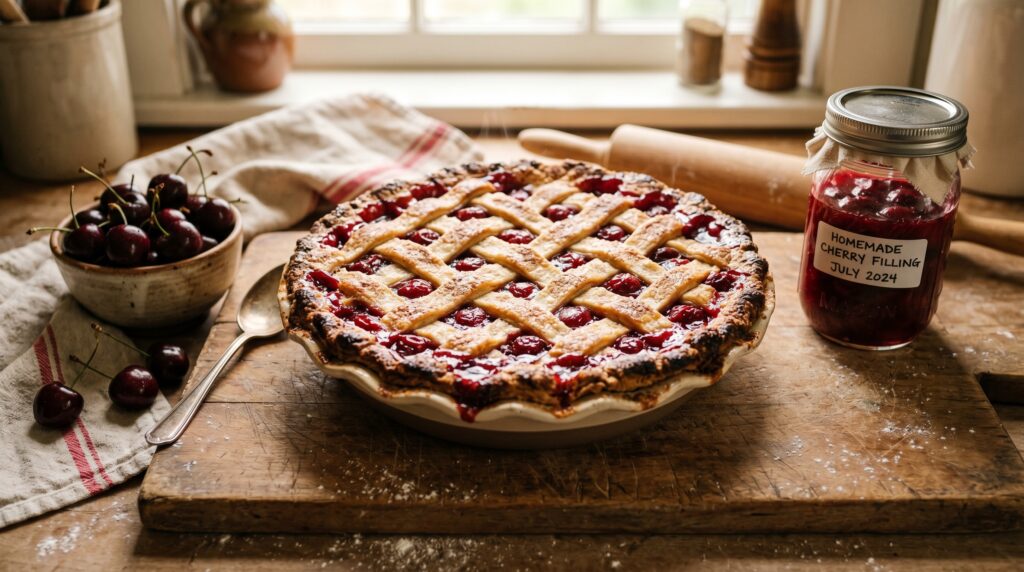 A spectacular cherry pie on a wooden board