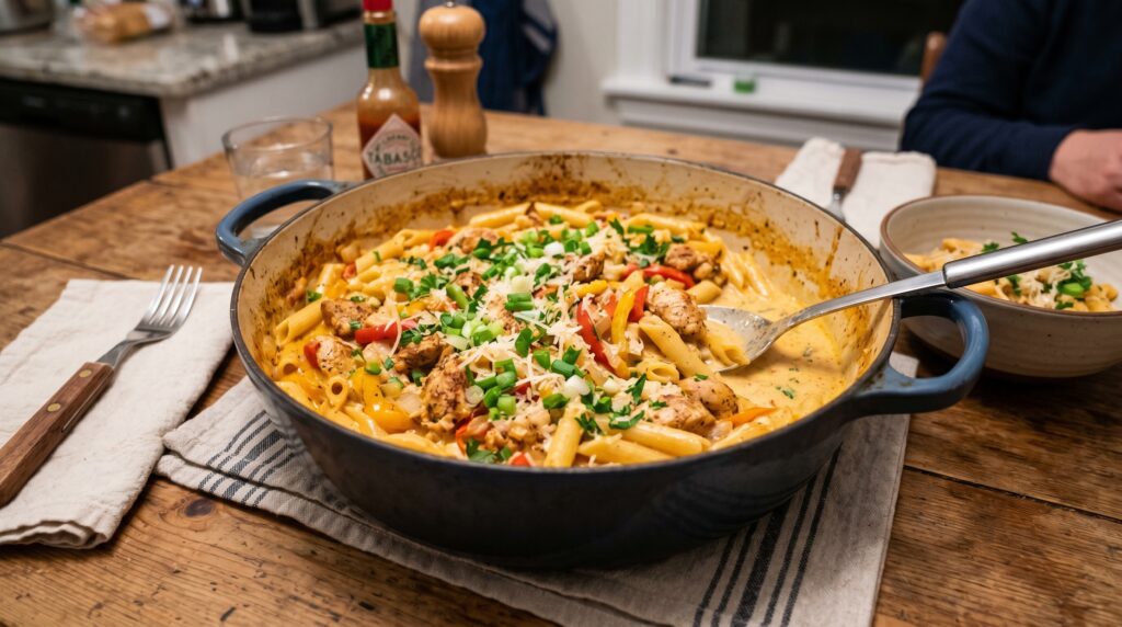 A golden, vibrant one-pot Cajun chicken pasta in a wide Dutch oven