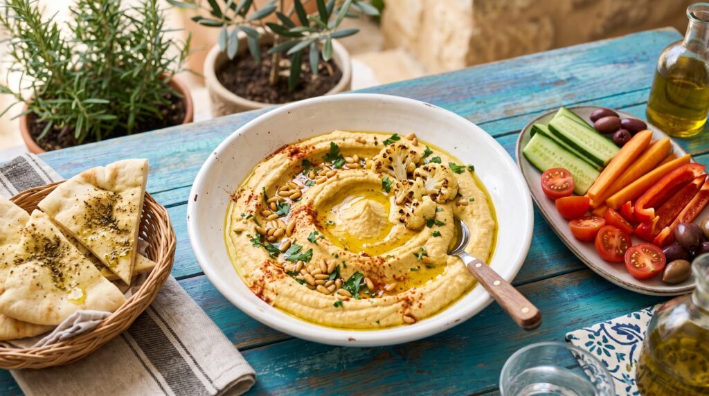 A beautiful roasted cauliflower hummus in a wide white bowl