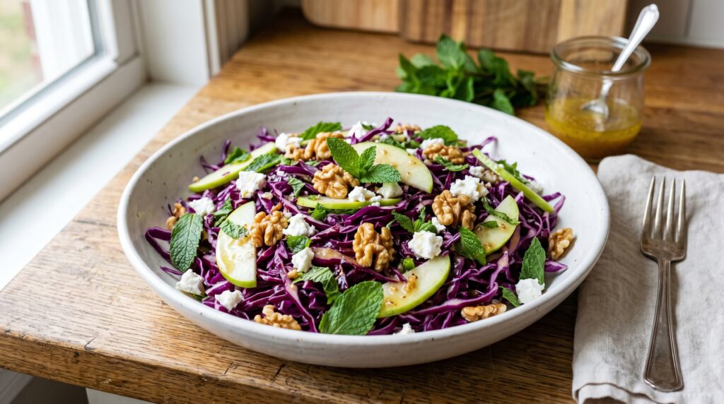 A beautiful red cabbage and apple salad in a wide white bowl