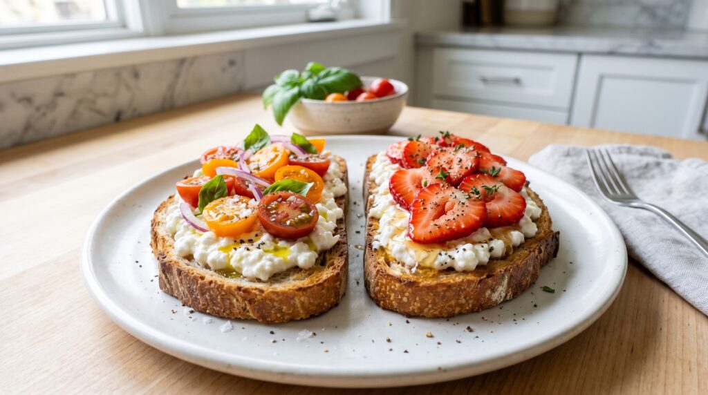 A beautiful cottage cheese toast display on a white plate showing two thick slices of toasted sourdough