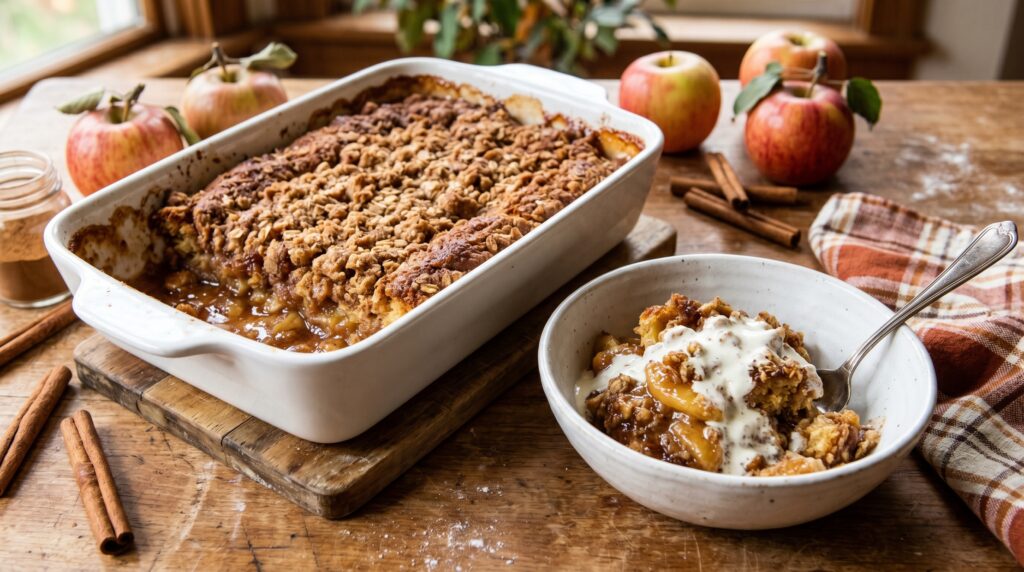 A golden, fragrant apple cinnamon dump cake in a white baking dish